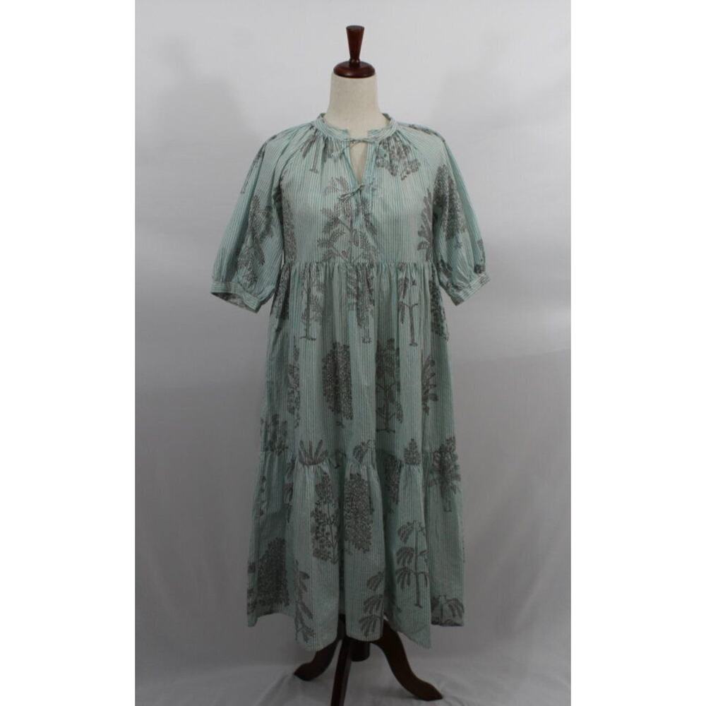 MATTA Sz S Small Aqua Stripe Short Elbow Sleeve Midi Dress Cotton Katia Trees - Picture 8 of 11